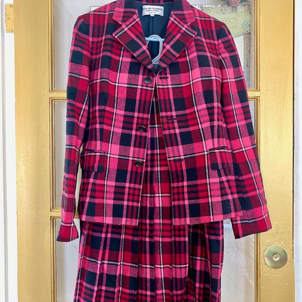 Robe de Chambre Comme des Garcons pink plaid tartan skirt suit M